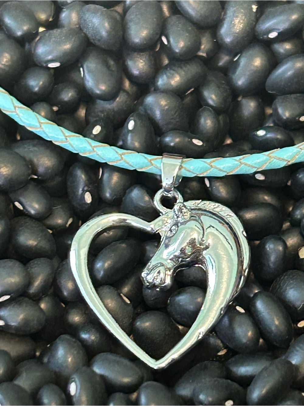 Silver Horse Heart Pendant Necklace with Turquoise Braided Cord
